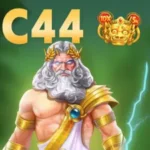 X444 game featured image showing a powerful Zeus-style character with glowing blue lightning, golden crown, and green background.